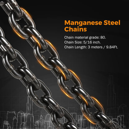 BEAMNOVA Lifting Chains with Adjuster Hooks, 5/16 Inch x 10 Ft, 7000lbs / 3.18 Tons + 1 Ton Electric Hoist Trolley for I-Beam