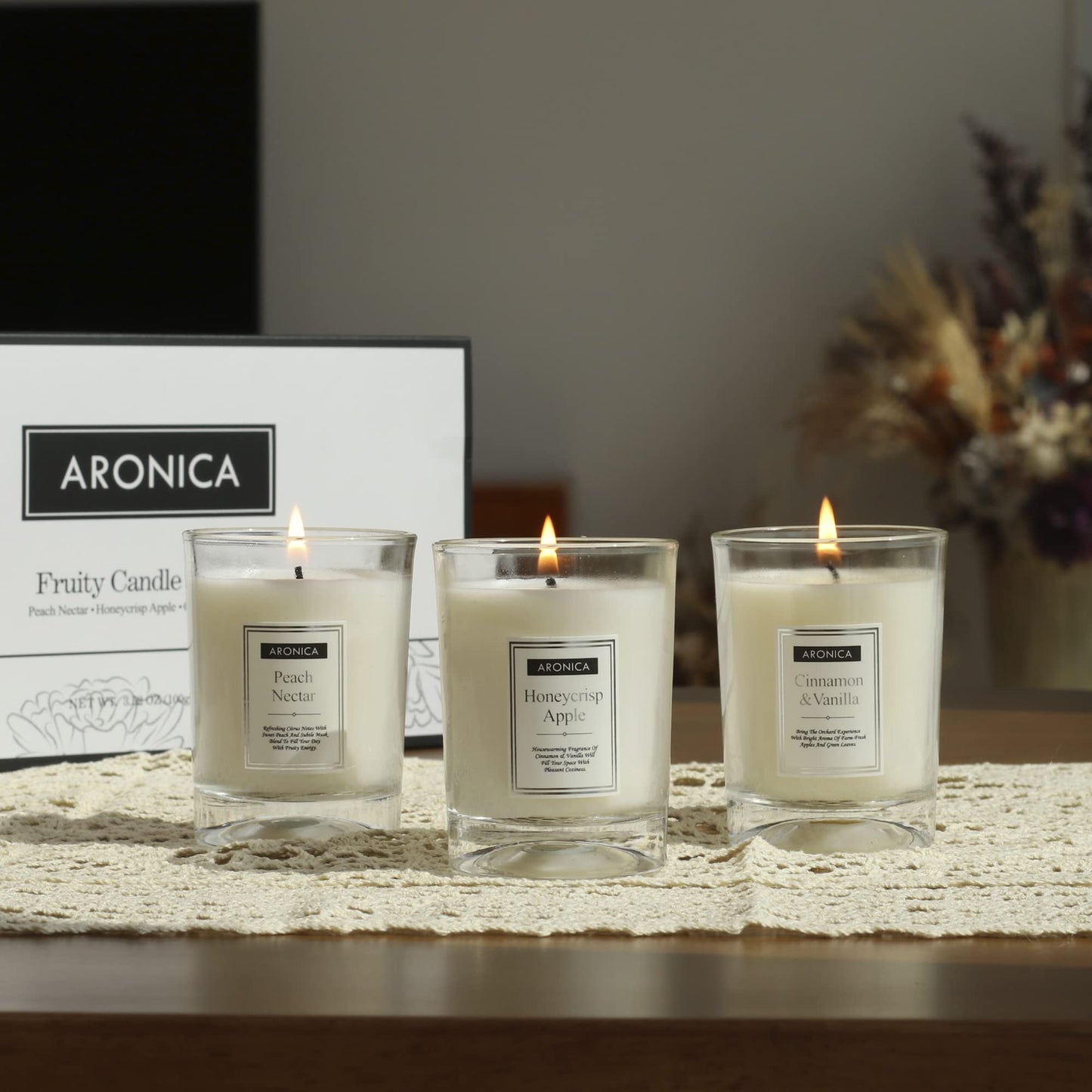 Aronica Fresh Fruity Candles Gift Set - Honeycrisp Apple, Peach Nectar, Cinnamon Vanilla, Cute Hostess Gift Holiday, Nice Christmas Presents for White Elephant