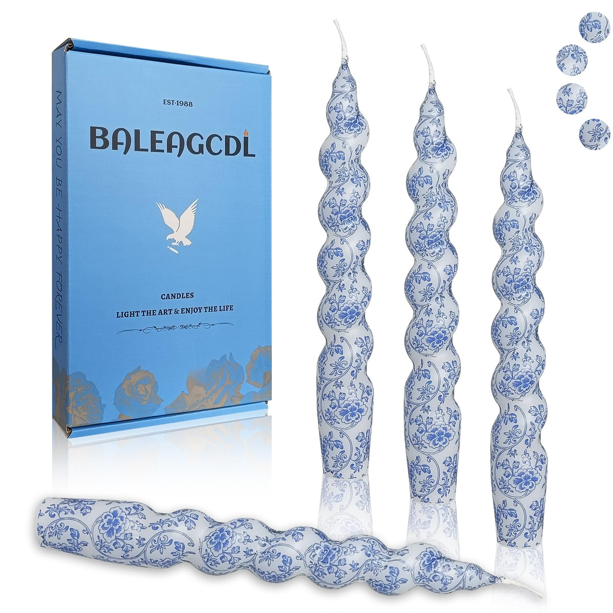 Spiral Taper Candles, 7.5 Inch Blue Floral Printed Twisted Candlesticks, Smokeless Handmade Short Candles for Wedding Dinner Home Party Decor, 4 Pack