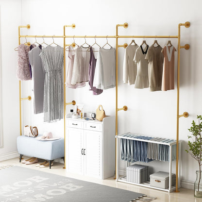 ORSENIGO Industrial Pipe Clothing Rack, Heavy Duty Clothes Rack for Hanging Clothes, Wall Mounted Display Garment Rack for Home Retail Boutique (Three, Gold)