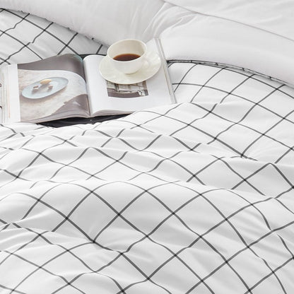 SLEEP ZONE 7 Pcs Comforter and Sheet Set Queen Size, Grey Grid Luxury Fluffy Soft Down Alternative Comforters with Flat Sheet, Fitted Sheets, Pillowcase, White