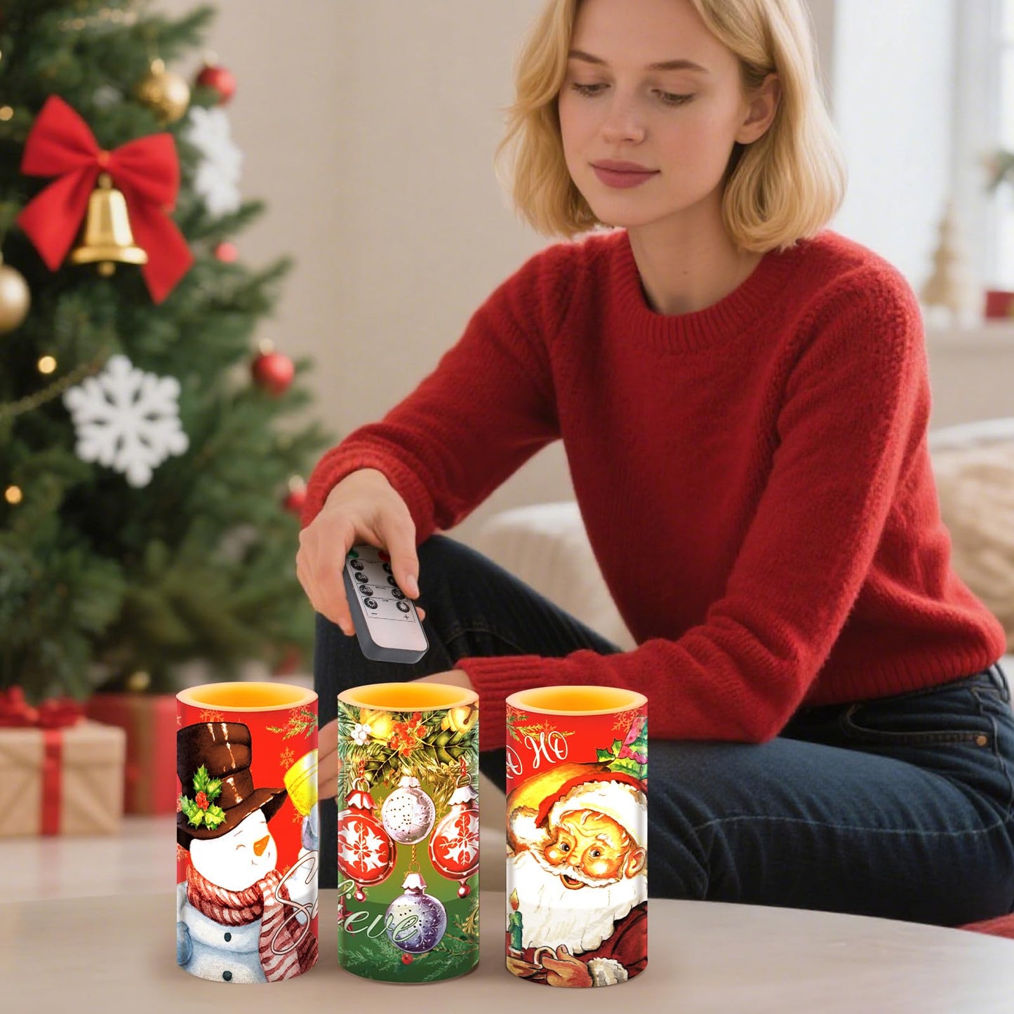 Retisee 3 Pcs Christmas Flameless Candles with Remote Timer Real Wax LED Flickering Pillar Candle White Cold Light Battery Operated for Home Window Xmas Gift Winter Holiday Decor(Red Green)
