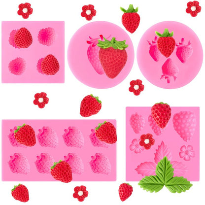 CLUEWR 5 PCS Silicone Strawberry Molds, 3D Strawberry Fondant Molds for Chocolate, Candy, Cake Decoration, Cupcake Topper