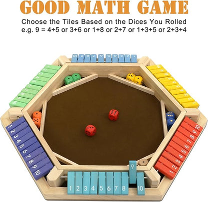 Shut The Box Game 1-6 Players Wooden Board Dice Game with 14 Dice for Kids and Adults Classical Tabletop Math Strategy Game for Family Home Classroom Pub