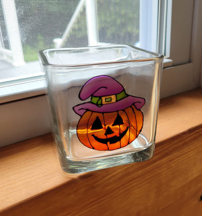 Orange Halloween Pumpkin Hand Painted Stained Glass Square Jack O Lantern Candle Holder