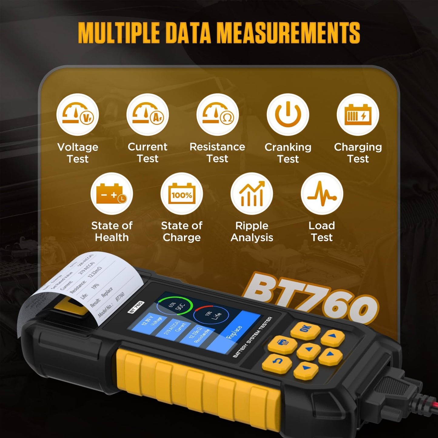 AUTOOL BT760 Automotive Battery Tester with Thermal Printer – 12V/24V Car & Motorcycle Battery Checker, Cranking & Charging Test, Reverse Polarity Protection, HD Color Display