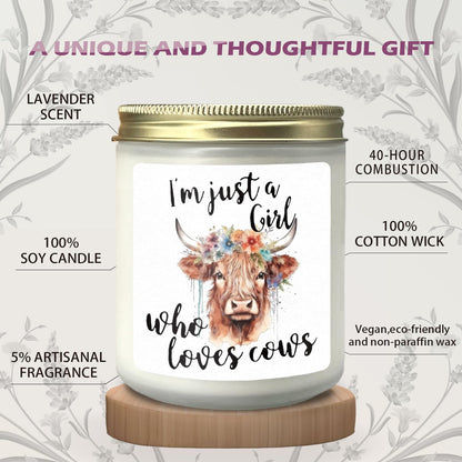 CIOJUNE Cow Candle, Cow Gifts for Women Girls Cow Lovers, Highland Cow Gifts, I am Just a Girl Who Loves Cows Lavender Candle, Floral Highland Cow Scented Candles for Home, Cow Stuff