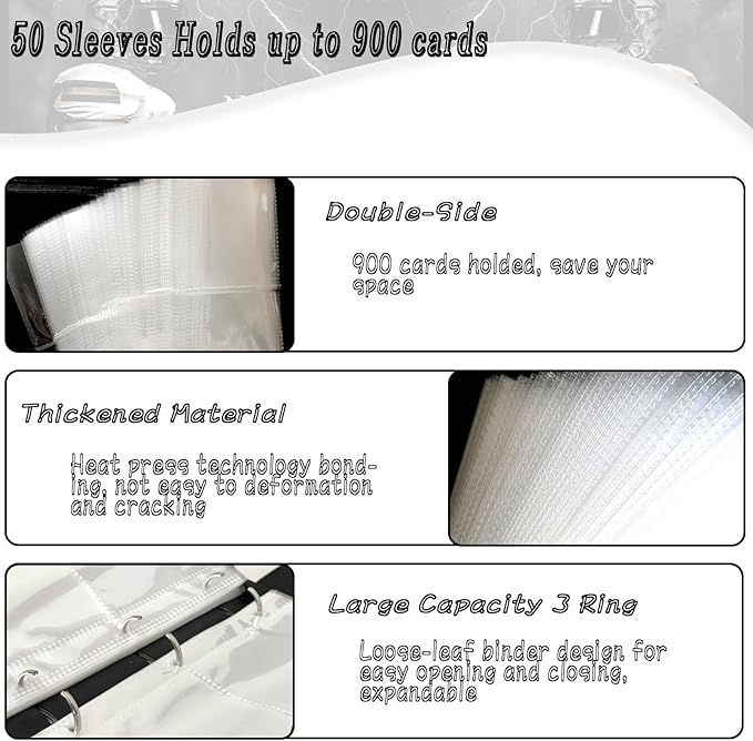 Football Card Binder 900 Pockets Trading Card Binder 9 Pocket with 50 Removable Sleeves Fits 900 Sport Cards 3 Ring Card Holder Binder with Zipper Collector Storage Album