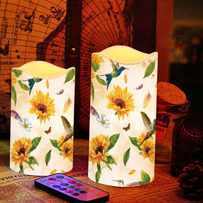 Ystardream Sunflower Hummingbird Flameless Candles with Timer Led Candles Flickering 4 Candle Sets for Home Decor,18 Key Remote Control，Dancing Flame, True Wax, Battery Powered.