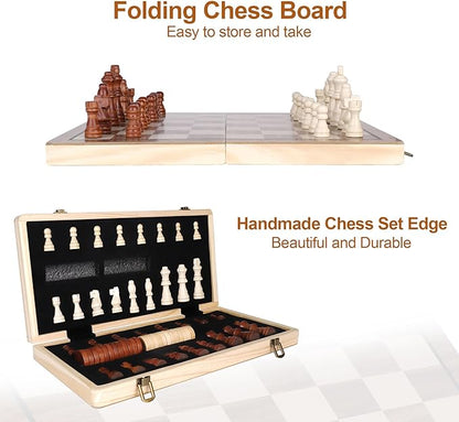 15 Inch Wooden Chess SetsChess &amp Checkers Set with 2 Extra QueensFoldable Wooden Chess Set Board for AdultsHandmade Portable Chess Board Game for Familly Travelling Gift
