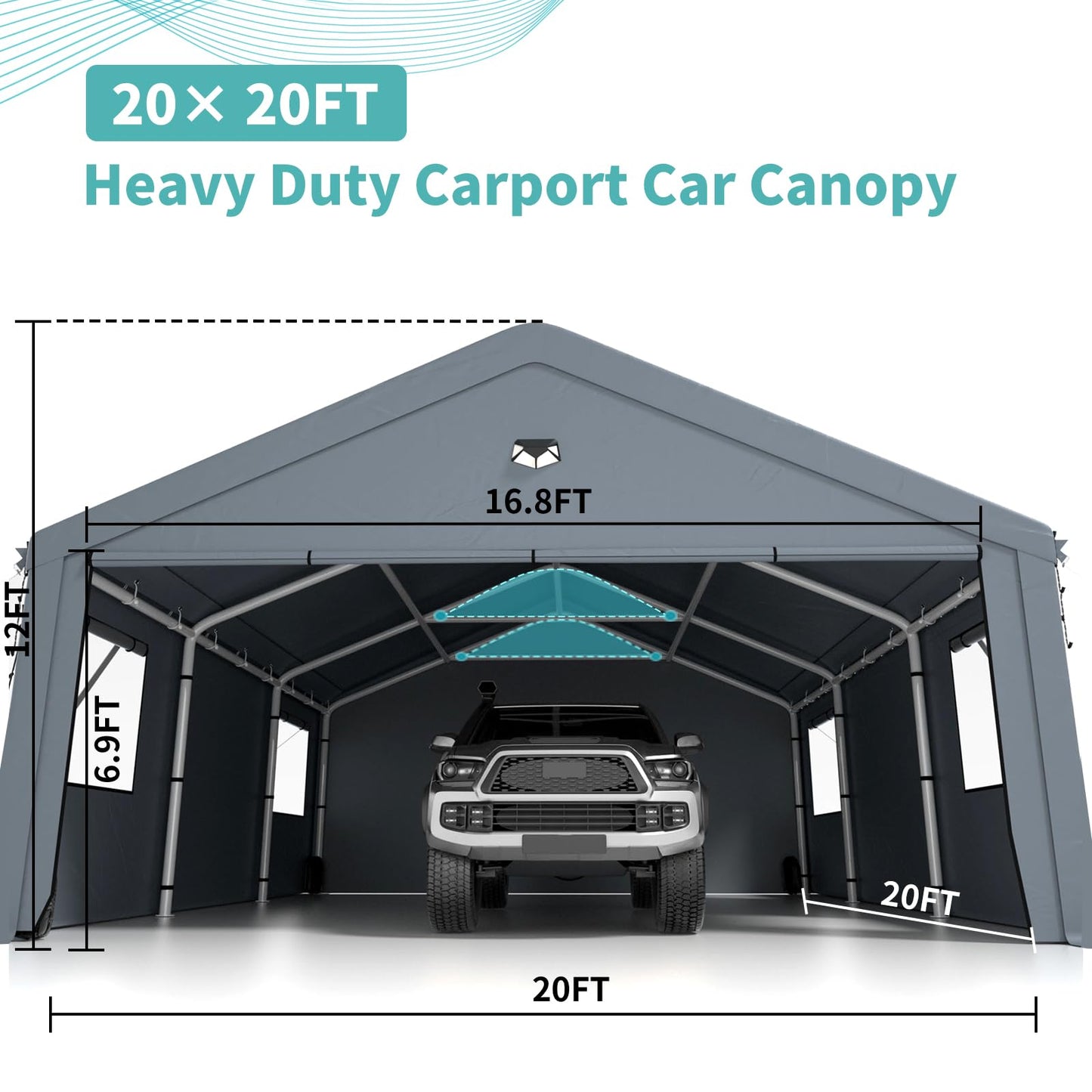 2 Car Carports Heavy Duty 20X20 FT,Carport Canopy,Car Port with 180G Removable Side Walls,Portable Car Port Garage,Car Shelter All Weather,Gray