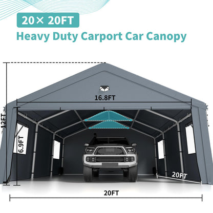 2 Car Carports Heavy Duty 20X20 FT,Carport Canopy,Car Port with 180G Removable Side Walls,Portable Car Port Garage,Car Shelter All Weather,Gray