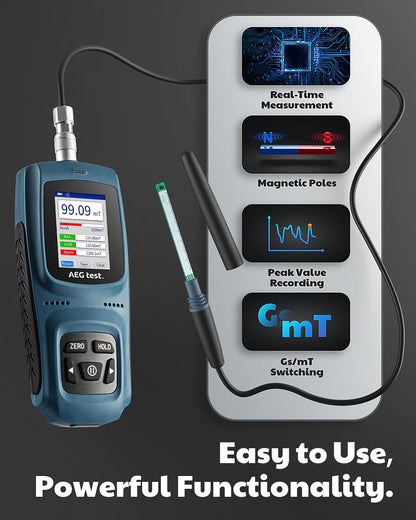 AEGTEST 8103 Gauss Meter, Rechargeable Tesla Meter 0-2500mT, Transverse Probe, Magnetometer with Data Logging and Alarm, Magnetic Field Strength, ±2% Industrial Accuracy for Quality Control, Labs