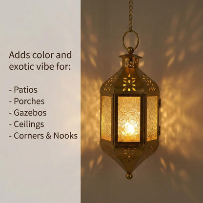 Vela Lanterns Hanging Moroccan Lamp - Exotic Decorative Patio & Porch Decor, Indoor Outdoor Tea Light Candle Lantern Holder with Chain (11" Medium, Gold)