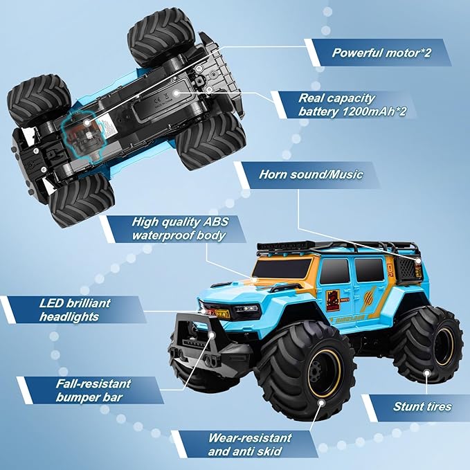 1:14 RC Police Car Waterproof Amphibious Remote Control Police Car for Kids with Siren Lights Boys Girls Age 6 7 8 9 10 11 12 Gift Present Toy(Blue)