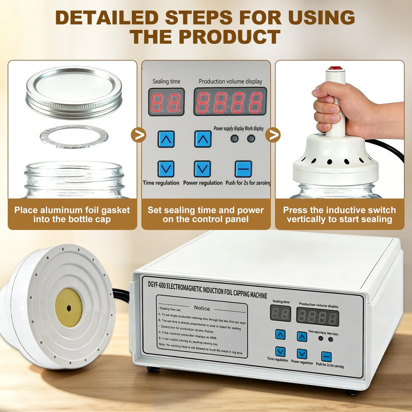 TEMUGODIE Portable Handheld Induction Sealer, 20mm-130mm, 110V, Bottle Cap Sealing Machine for Plastic/Glass Bottles, White