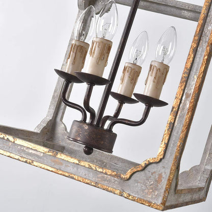 LOVEDIMA French Country Chandelier 4-Light Lantern Pendant Lighting Square Wood Metal Chandeliers Hanging Light Ceiling Light Fixtures in Antique Gray & Antique Gold