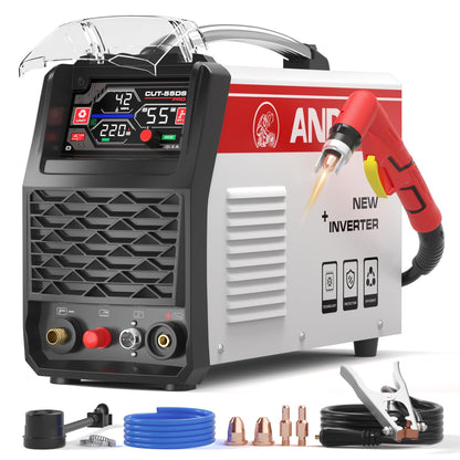 ANDELI Plasma Cutter 55A,Non-HF Non-Touch Pilot Arc，1'' Max Cut, 4-in-1 Plate Cutting/Grid Cutting/Gouging/Marking，Upgraded LED Display,Post Flow/2T/4T,110/220V IGBT Inverter for Home, Workshop