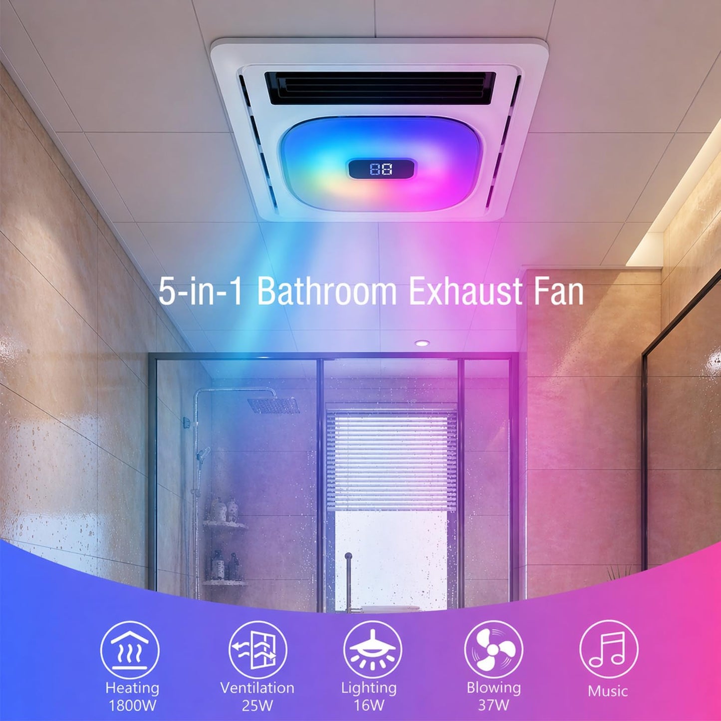 Plutoslove Bathroom Exhaust Fan with Bluetooth Speaker & Heater 1800W for Bathroom, 180 CFM, Quiet 1.0 Sone, 3CCT & Nightlight, 2 Heat Levels, 7 RGB Mode, Remote Control, Ceiling Mount, FCC Certified