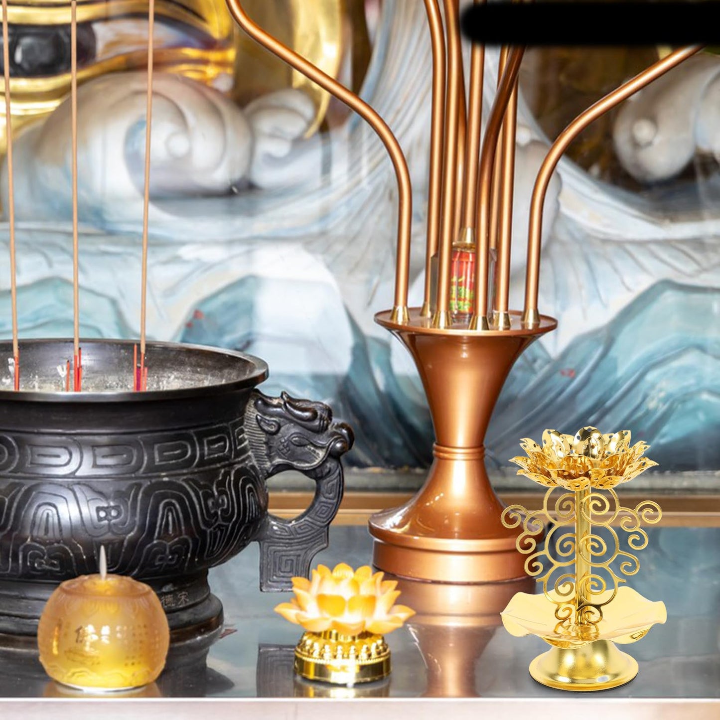 SUPVOX 2pcs 4.5-Size Metallic Lotus Candle Holder Buddhist Butter Lamp Base Decorative Candlestick for Home Temple Lighting