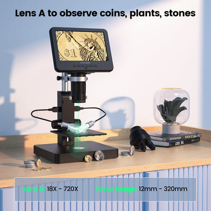 JOYALENS JL246PS 3 Lens 7'' HDMI Digital Microscope 4000X, Biological Microscope for Adults Kids with Prepared Slides, UHD 2160P Video, Full Coin Microscope for Error Coins, Windows Compatible, 32GB