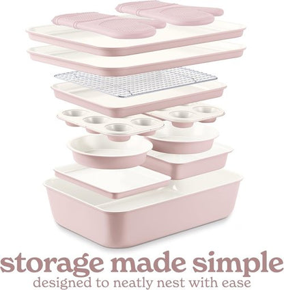 Country Kitchen Nonstick Bakeware Set - Durable, Easy Release 13-Piece Stackable Set in Pink