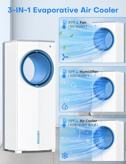 MYICY 27 INCH Evaporative Air Cooler, Windowless Swamp Cooler Portable Air Conditioners w/Normal/Natural/Sleep/Cooling Mode,3 Speeds,Double Tanks& Remote & Smart Timer, Bladeless Air Cooler for Room