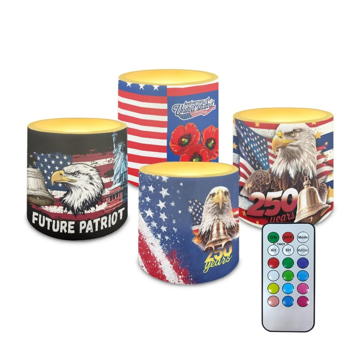 NETILGEN 250 Years American Flag Eagle 4 Pieces Flameless Candles with Remote Timer Battery Operated LED Flickering Candles for July 4th USA Independence Day Decor