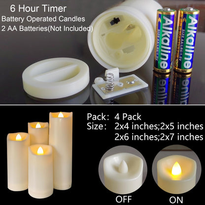 4 Pack Battery Operated Candles 2"x4"/5"/6"/7" Plastic Flickering LED Flameless Candles with Timer Outdoor Waterproof Wedding Party Halloween Christmas Decoration Realistic Slim Tall Pillar Candles