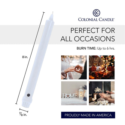 Colonial Candle Unscented Taper Candle, Classic Collection, White, 8 In, Pack of 12 - Up to 6 Hours Burn