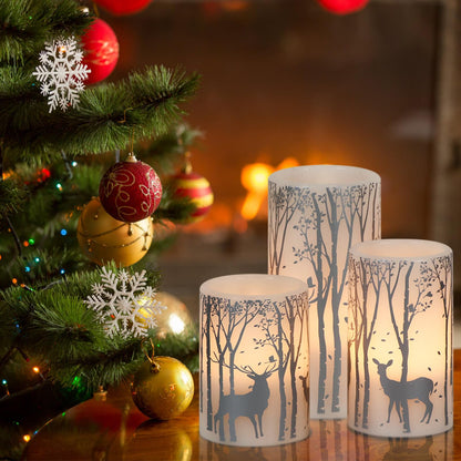 Eldnacele Christmas Flickering Flameless Candles with 6 Hour Timer, Silver Deer Decal Battery Operated Real Wax LED Pillar Candles Home Tabletop Holiday Decor(3Pcs,3×4/5/6 Inches)