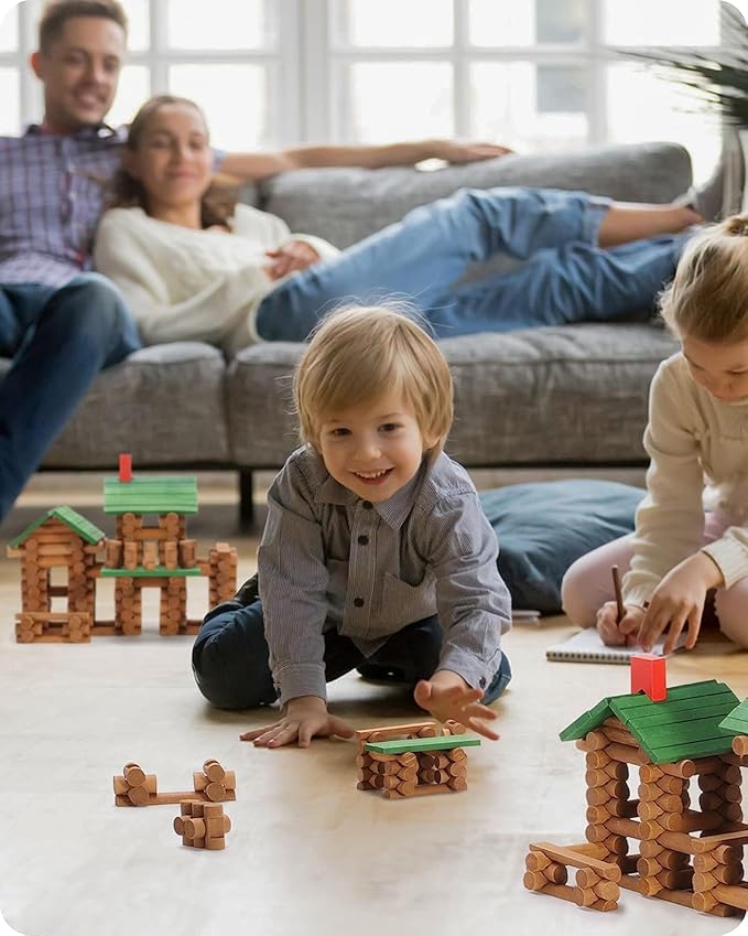 SainSmart Jr. 450 PCS Wooden Log Cabin Set Building House Toy for Toddlers Classic STEM Construction Kit with Colorful Wood Logs Blocks for 3+ Years Old