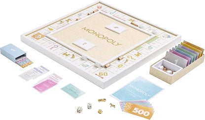 WS Game Company Monopoly Bianco Edition White Wood Board Gold-Tone Tokens Grasscloth-Textured Center Solid Wood Houses &amp Hotels Premium Accessories Board Games for 2-6 Players