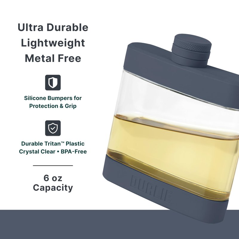 DUALIE 6 oz Hip Flask for Liquor - Undetectable Shatterproof Alcohol Flasks with Clear Tritan Plastic and Silicone Grip - Flask Gift for Men & Women - Navy