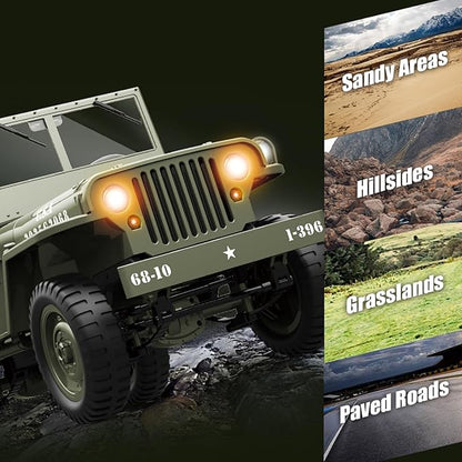 RC Crawlers 1:10 Scale New Upgrades D888 Willys Military Jeep 2.4Ghz 4WD Off Road Rock Crawler Vehicle with Lights All Terrain Electric RC Jeep Toy for Adult Teens
