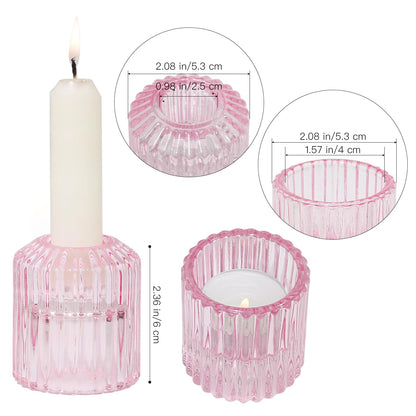 CHOCSTAY Reversible Pink Glass Candle Holder Set of 6, Thick Heat-Resistant Glass Candlestick Holders for Taper, Tealight, Votive, LED Candles, Perfect for Wedding, Party, Home Décor