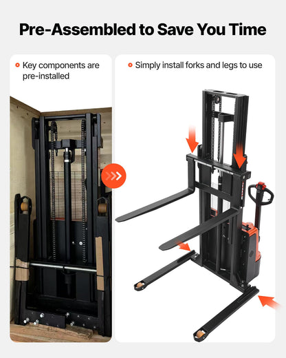 VEVOR Full Electric Pallet Stacker, 3300 lbs Capacity, 98.4'' Lifting Height, Pallet Lift Stacker Forklift with Straddle Legs & Forks, 8.66-31.1 Inches Adjustable Fork Width, Orange & Black