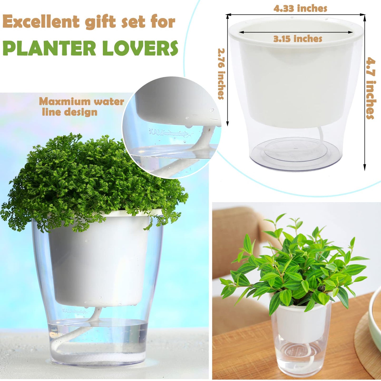 5-Pack 4.3 Inches Clear Self-Watering Planters Small African Violet Pots Plastic Plant Pots Wicking Flower Pots for Indoor Plants, Herbs, African Violet, Ocean Spider Plant, Orchid Pot, Garden Pots