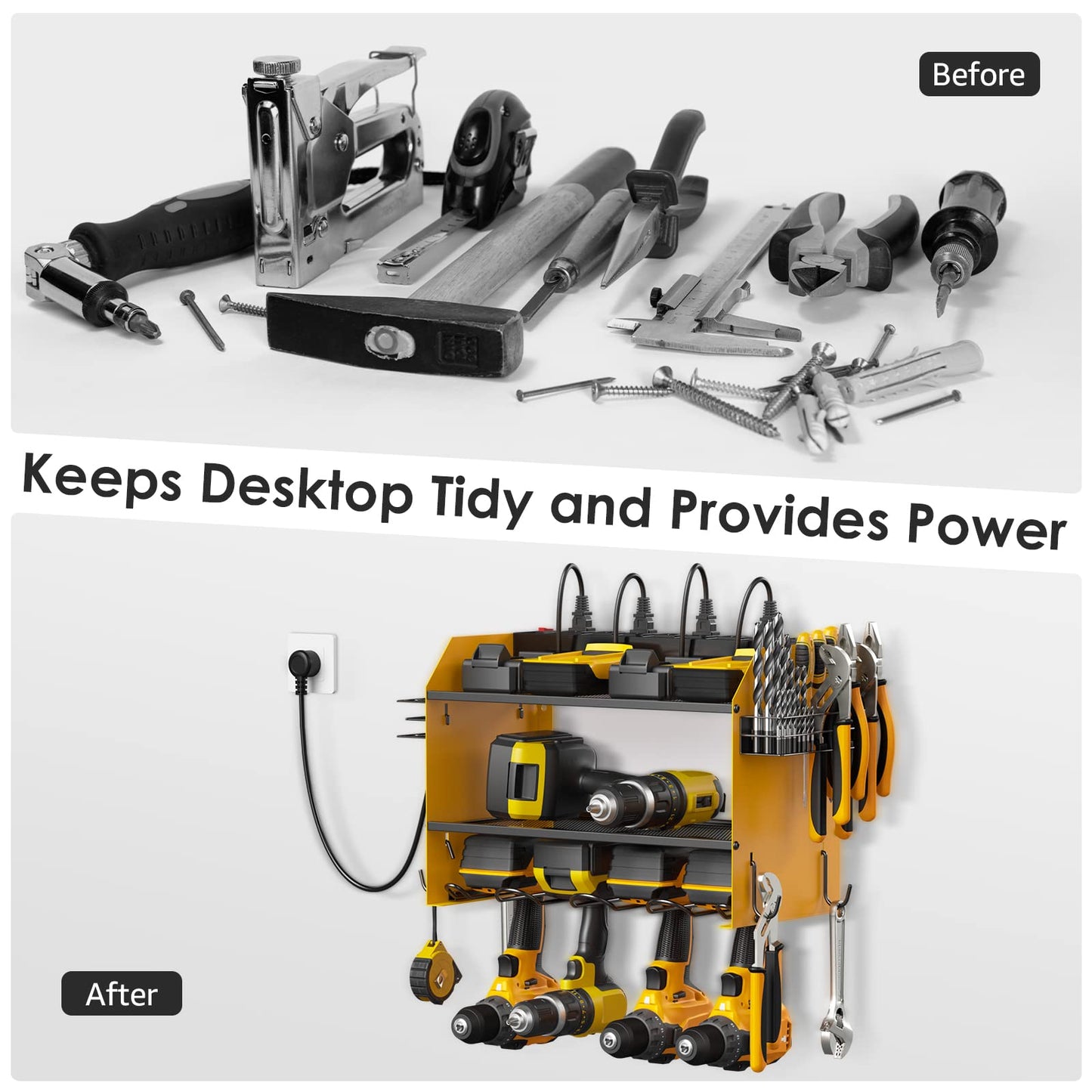 CCCEI Modular Power Tool Organizer Wall Mount with Charging Station. Garage 4 Drill Storage Shelf with Hooks, Screwdriver, Drill Bit Heavy Duty Rack, Tool Battery Holder Built in 8 Outlet Power Strip.