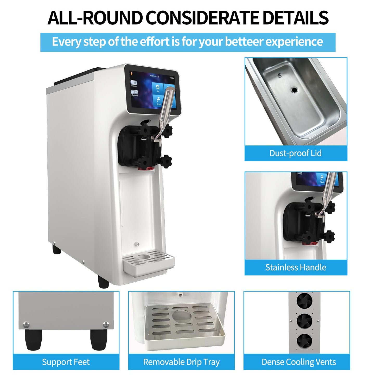 XPW Commercial Ice Cream Machine - 1000W 110V Single Flavor Soft Serve Ice Cream Maker Machine 2.7 to 4 Gal/H Touch LCD display & Auto Clean Soft Serve Maker Perfect for Bars Restaurants - White