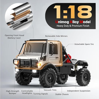 MN-333 1/18 Semi-Truck RC Crawler Unimog U4000 4WD Full Scale Off Road RC Rock Crawler 4x4 RC Car RTF Alloy Climing Vehicle for Hobby Gifts
