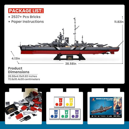JMBricklayer Battleship Building Block Set for Adults 2537 PCS Large Bismarck Military Warship WWII MOC Battle Ship Boat Model 60015 for Home Office Decor Army Toy Gifts for Men Boys 14+