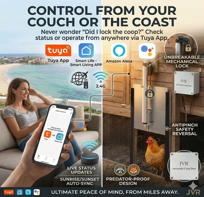 JVR WiFi Automatic Chicken Coop Door, Smart App Remote Control & Alexa Compatible, Sunrise & Sunset Automation, Anti-Pinch Sensor, Security Aluminum Door Kit, 2.4G WiFi