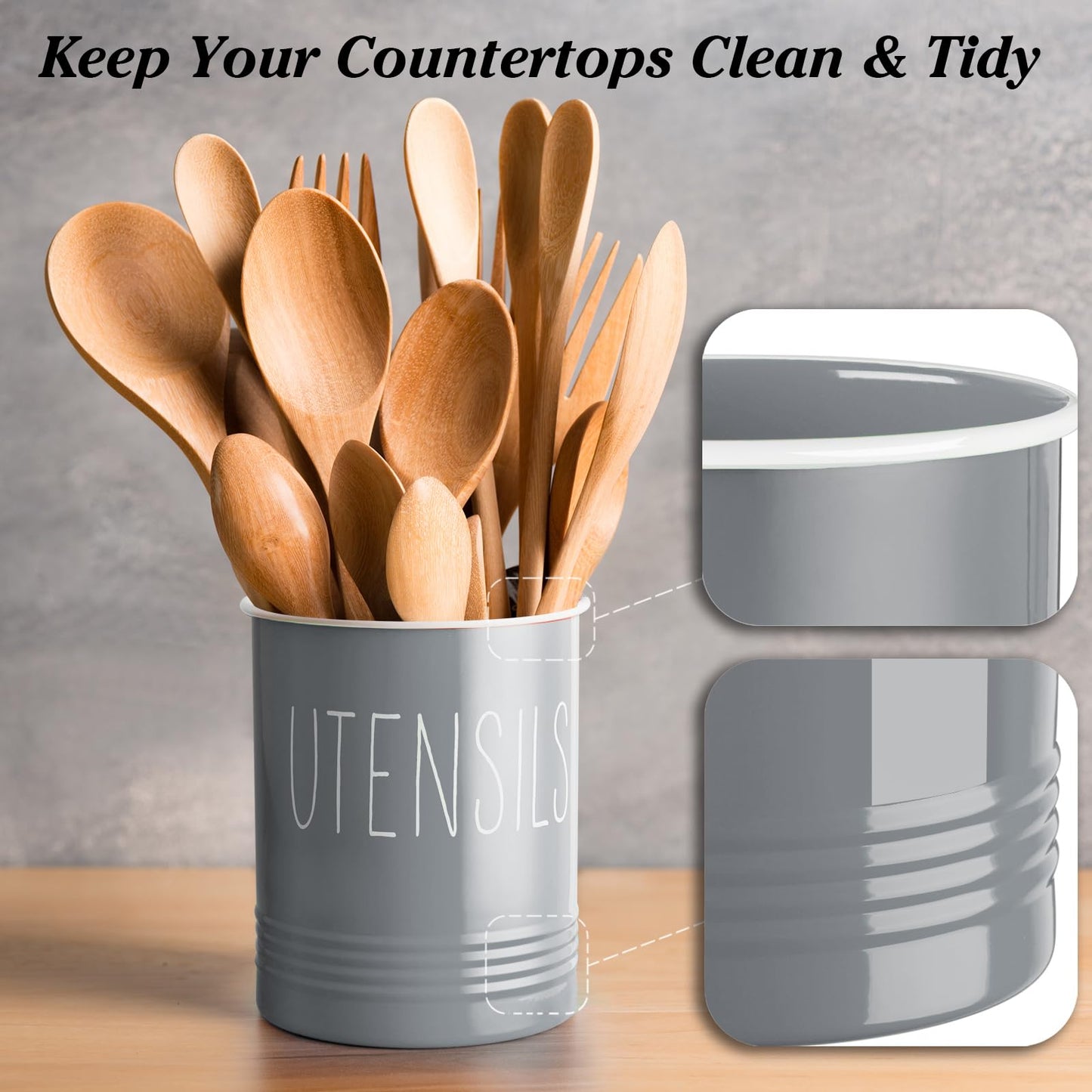 Bivvclaz Gray Kitchen Utensil Holder, 6.7" Utensil Holder for Counter, Cooking Utensil Crock with Cork Bottom, Modern Farmhouse Kitchen Decor, Countertop Utensil Storage Organizer Caddy