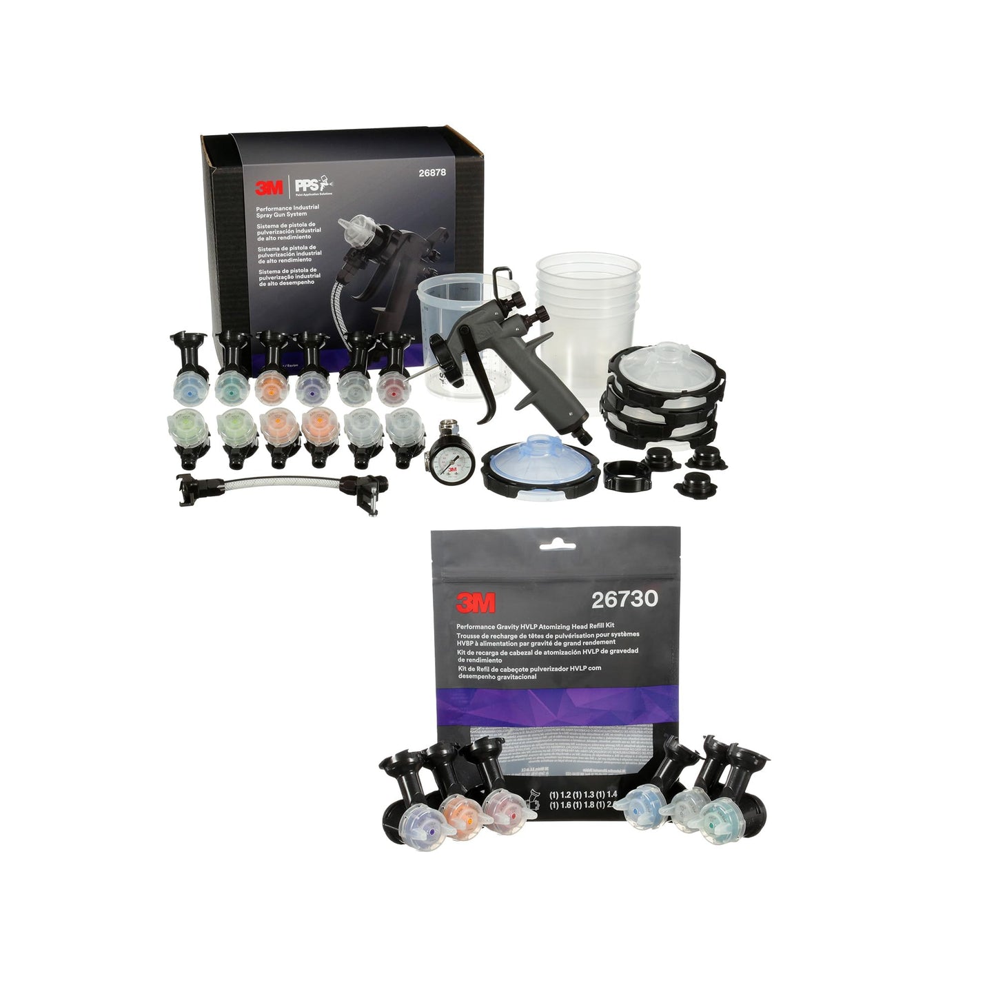 3M Performance Industrial Spray Gun Starter Kit, 26878 + 3M Performance Gravity HVLP Atomizing Head Variety Kit, 26730, Sizes 1.2, 1.3, 1.4, 1.6, 1.8, 2.0, 6 Pack