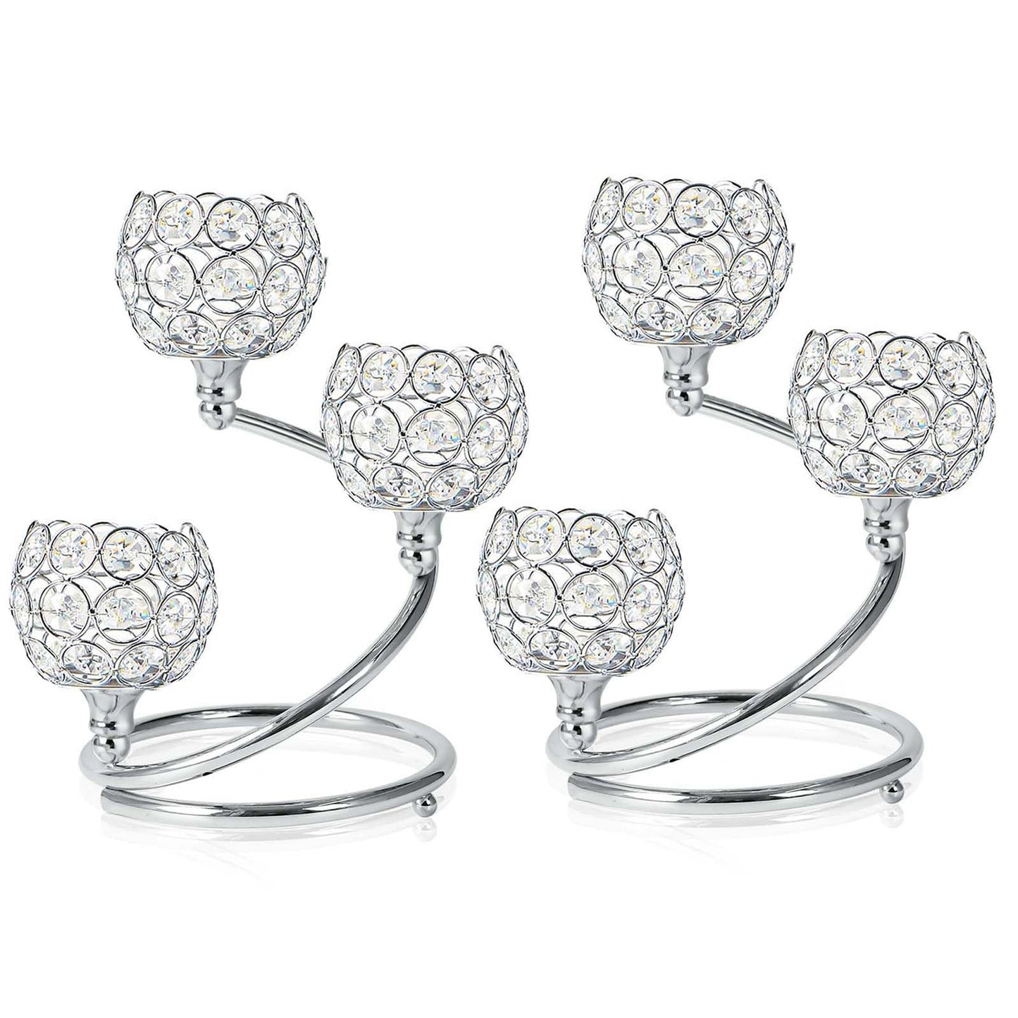 KEHAIL Metal Crystal Candle Holder Set of 2 - Elegant 3-Arm Metal Tea Light Centerpiece with Shining Crystal Bowl, Wedding Anniversary Table Decor for Dining, Party (Silver, 2 Pcs 3 Arm)