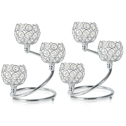KEHAIL Metal Crystal Candle Holder Set of 2 - Elegant 3-Arm Metal Tea Light Centerpiece with Shining Crystal Bowl, Wedding Anniversary Table Decor for Dining, Party (Silver, 2 Pcs 3 Arm)