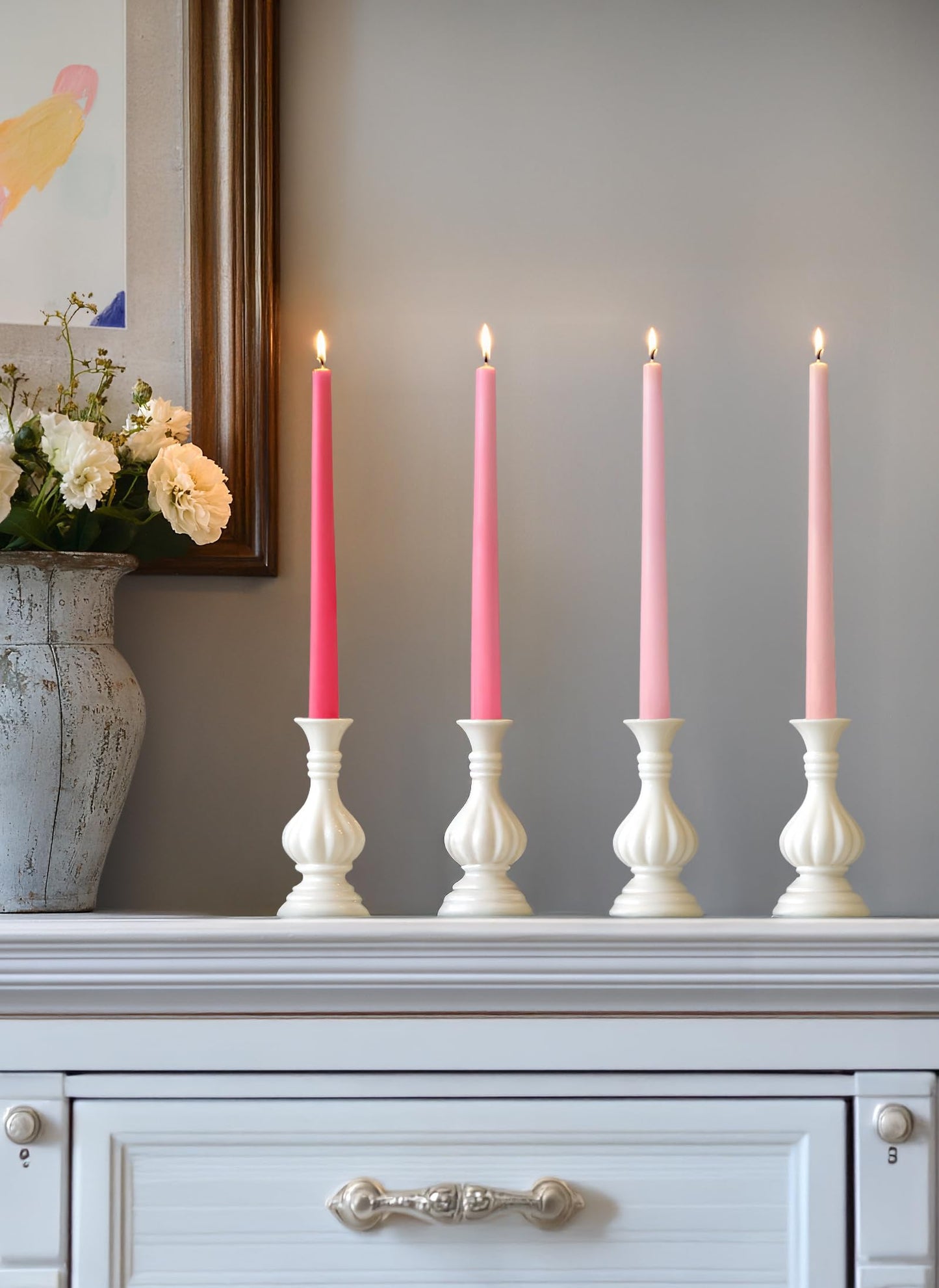 Homeology 12pk 10" Classic Taper Candles, Pink Shades, 7-8 Hours Long Burning, Unscented Tall Candlesticks