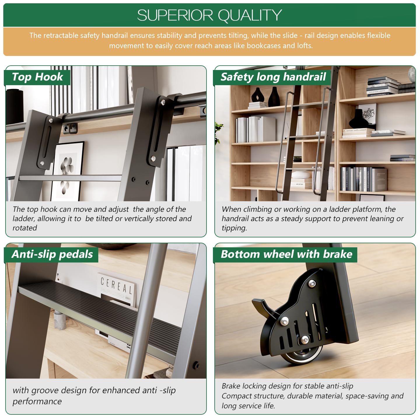 104RDHOUSE 9FT Lightweight Aluminum Rolling Step Ladder 108",Rolling Library Ladder with Wheels,Industrial Sliding Ladder for Home Library,Bookshelf, 4FT Hook Ladder Bookcase Track Kit for Home