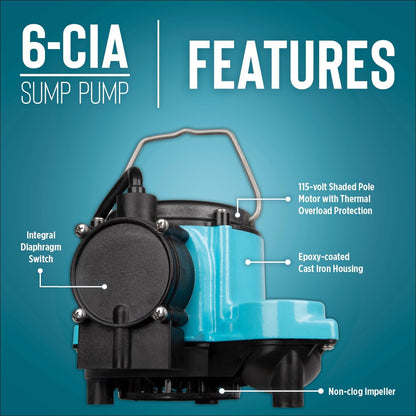 Little Giant 6-CIA 115 Volt, 1/3 HP, 2760 GPH Cast Iron Automatic Submersible Sump Pump with Integral Diaphragm Switch for Sump Systems, 10-Ft. Cord, Blue, 506158